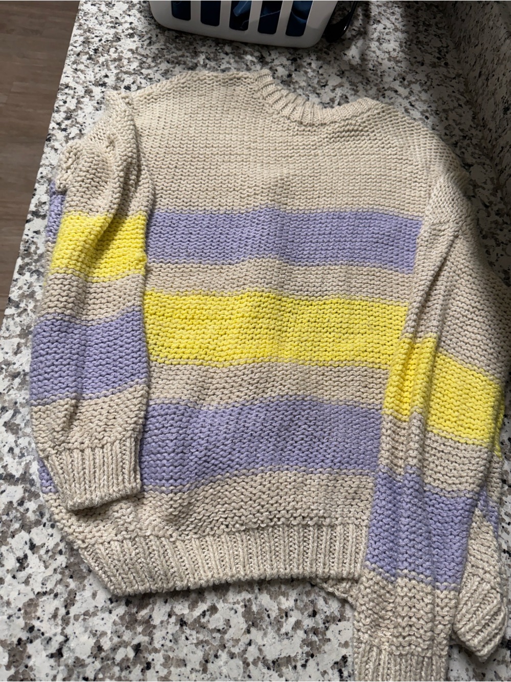 easel Cream Cable Knit Sweater with Lavender and Yellow Stripes